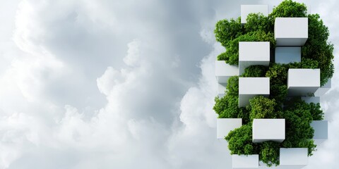 Poster - A futuristic structure entwined with greenery against a cloudy sky, symbolizing the integration of nature and modern design.