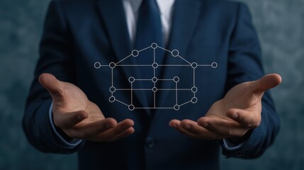 Fototapete - A businessman in a suit holds out his hands, showcasing a digital network or blueprint icon, symbolizing innovation and technology.