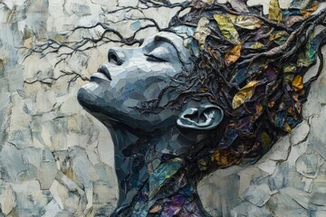 Poster - Portrait of a woman with a nature-inspired hairstyle made of leaves and branches set against a textured background