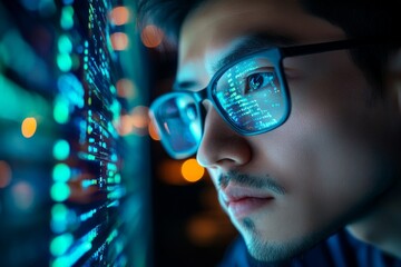 Fototapete - Young man analyzes data on a screen with glowing code reflections near a server rack in a dark room