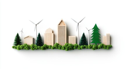 Poster - A creative representation of a city skyline featuring buildings, trees, and wind turbines, highlighting a blend of nature and urban architecture.