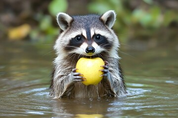 Poster - Raccoon holding a yellow apple in calm water surrounded by greenery during daytime