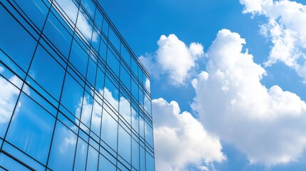 Poster - A modern glass building reflecting clouds against a bright blue sky, showcasing architectural design and atmospheric beauty.