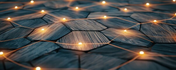 Aufkleber - A visually striking hexagonal wooden floor illuminated by soft glowing lights, creating a warm and inviting atmosphere.