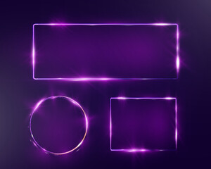 Poster - Neon banner vector collection featuring glowing purple neon shapes including hexagon, rectangle, triangle, circle, on dark transparent background.
