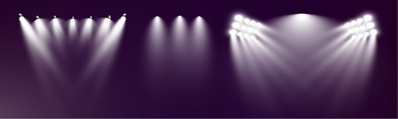 Aufkleber - Realistic transparent spotlight effects set. Stage lighting, concert, show, stadium, theater illumination. Bright glow, beams, lens flare, shine, studio, photography light.