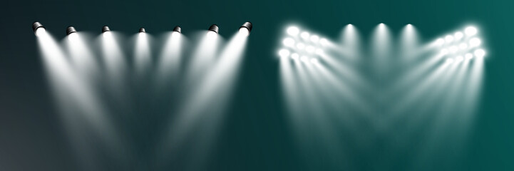 Aufkleber - Realistic transparent spotlight effects set. Stage lighting, concert, show, stadium, theater illumination. Bright glow, beams, lens flare, shine, studio, photography light.