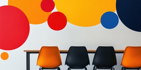 Poster - A modern interior featuring colorful circles on a wall with a row of stylish chairs, creating an inviting and vibrant atmosphere.
