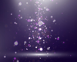 Poster - Abstract magical glowing bokeh lights on dark background with purple and gold sparkles, soft blurry fantasy effect, elegant festive backdrop.