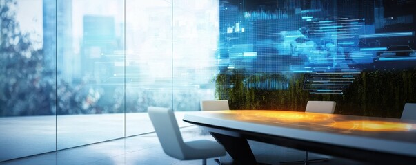 Fototapete - A modern conference room with a sleek table, surrounded by high-tech visuals and greenery, creating a professional atmosphere.