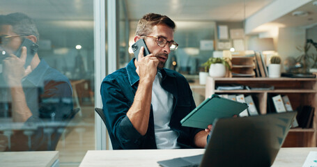 Poster - Businessman, tablet and talking with phone call in office, information and news for publication. Deadline, male journalist and communication with mobile for source, story facts and digital at night