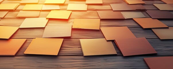 Poster - A close-up view of textured, orange-toned square tiles arranged on a wooden surface, illuminated by soft, warm sunlight.