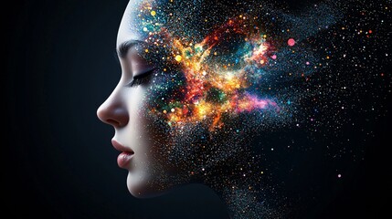Poster - ethereal portrait of a woman with glowing crystalline skin, cosmic nebula swirling in her eyes, surr