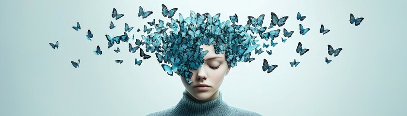Poster - A surreal self-portrait where the face dissolves into a cloud of butterflies, symbolizing transformation, delicate and airy, high detail