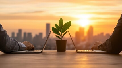 Poster - Two people working on laptops with a small plant between them, set against a stunning sunset over a city skyline.