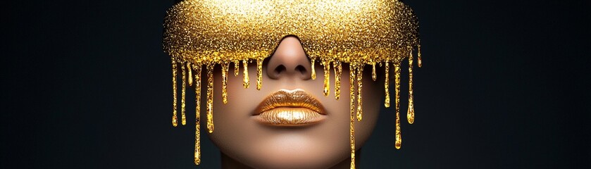 Poster - Portrait of a woman with golden liquid dripping from her eyes, glowing ethereal beauty, abstract and surreal, dramatic lighting