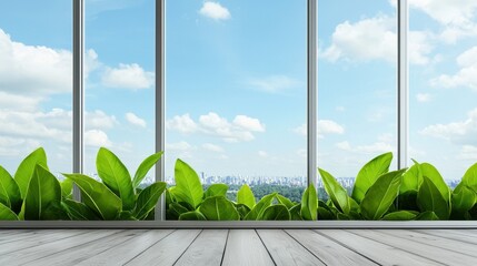 Aufkleber - A bright interior with large windows showcasing a clear sky and lush green plants in a modern setting.