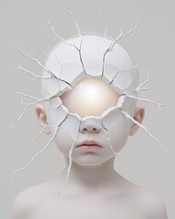 Poster - Portrait of a child with a porcelain mask cracking open, revealing a bright galaxy within, metaphorical depth, ultra-detailed textures
