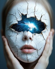 Poster - Portrait of a child with a porcelain mask cracking open, revealing a bright galaxy within, metaphorical depth, ultra-detailed textures