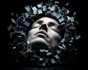 Poster - A surreal portrait where a person's face is replaced by a swirling black hole, pulling in fragments of reality, highly conceptual, cinematic lighting