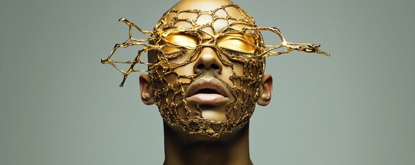 Poster - A man s face covered in intricate golden filigree, ornate and dreamlike, high fashion surrealism, luxury aesthetic