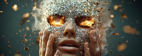 Poster - Portrait of a figure with a mask of fire, embers drifting in the air, intense and poetic, high cinematic impact
