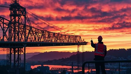 Poster - A man in a safety vest stands on a bridge overlooking a city