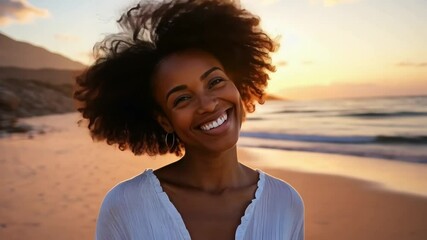 Poster - A woman with curly hair is smiling on a beach