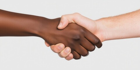 Poster - A close-up of two hands of different skin tones shaking, symbolizing unity, cooperation, and diversity.