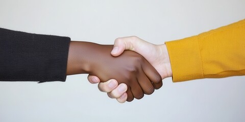Leinwandbilder - Two hands of different skin tones engaged in a handshake, symbolizing unity, collaboration, or partnership.