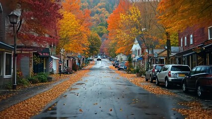 Poster - A street with houses and trees in autumn