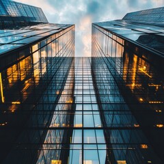 Poster - A stunning upward view of skyscrapers reflecting the sky, showcasing modern architecture and urban design.