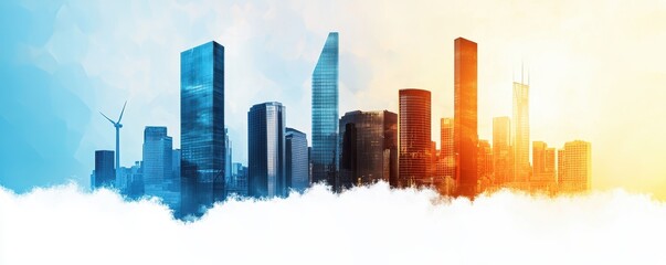 Poster - A vibrant city skyline emerges from clouds, showcasing modern buildings and a dynamic color gradient from blue to orange, symbolizing energy and innovation.