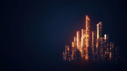 Fototapete - A digital cityscape with glowing skyscrapers against a dark background, evoking a futuristic urban environment.