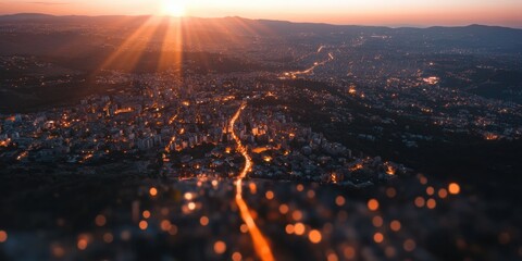Poster - Golden Hour Urban Panorama Cinematic Sunrise Illuminating Metropolitan Landscape with Warm Bokeh Lighting - Architectural Storytelling for Digital Marketing and Spatial Design Inspiration