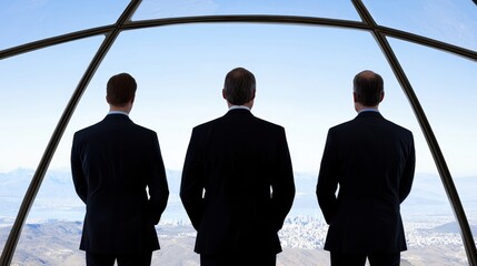 Poster - Three men in suits stand facing an expansive view, framed by a modern architectural structure, suggesting contemplation and perspective.