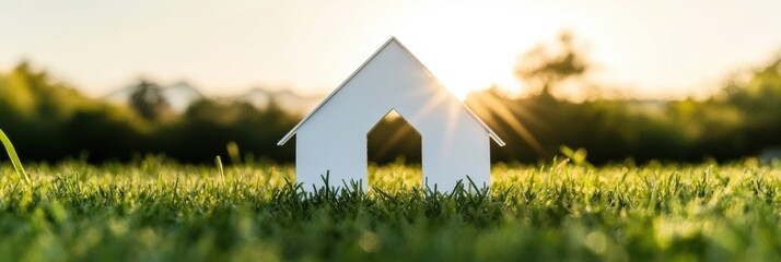 Poster - Eco-Minimalist Green Living Sustainable Real Estate Concept with Solar-Inspired White House Model Showcasing Net-Zero Energy Design and Climate-Conscious Innovation