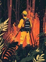 Wall Mural - A person in a bright yellow firefighter uniform stands amidst trees in a dense forest