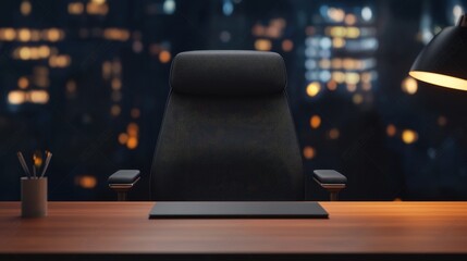 Aufkleber - A modern office chair facing a desk, illuminated by a lamp, with a blurred city skyline in the background at night.