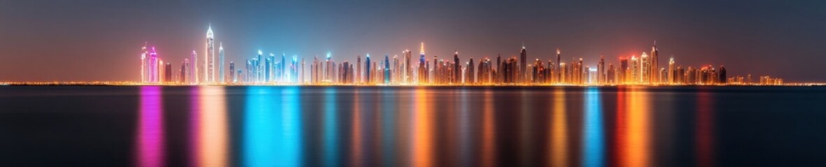 Aufkleber - Luminous Urban Horizon Immersive 8K Cityscape Panorama Showcasing Smart City Innovation and Global Connectivity in Vibrant Night Elegance