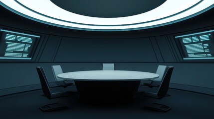 Poster - A sleek, futuristic meeting room featuring a round table and high-tech screens, set in a dimly lit environment.