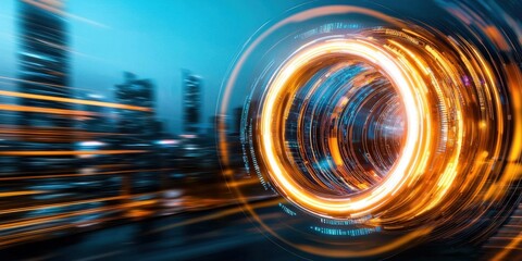 Fototapete - A vibrant, dynamic image showcasing a circular pattern of glowing lights against a blurred city skyline, evoking a sense of motion and energy.