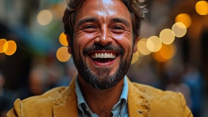 Poster - A man in a yellow jacket is smiling and raising his hands in the air