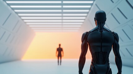 Aufkleber - A futuristic scene with a humanoid robot facing a human silhouette in a sleek, illuminated environment.
