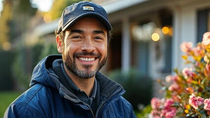 Poster - A man wearing a blue jacket and hat is smiling