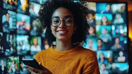 Poster - A woman with glasses is holding a cell phone