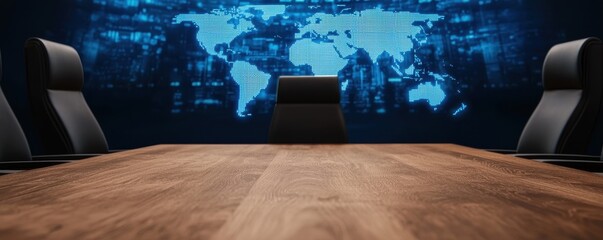 Poster - A modern conference room with a wooden table, empty chairs, and a digital world map display on the wall, suggesting a professional setting.