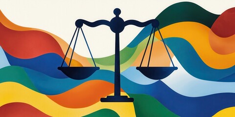 Aufkleber - A colorful abstract background featuring a balanced scale symbolizing justice and equity.