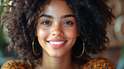 Poster - A woman with curly hair and gold hoop earrings is smiling