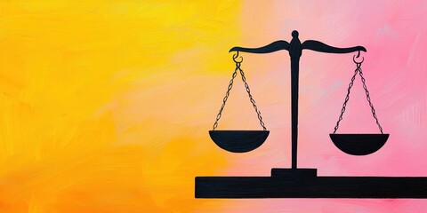 Aufkleber - A silhouette of a balance scale against a vibrant orange and pink gradient background, symbolizing justice and equality.